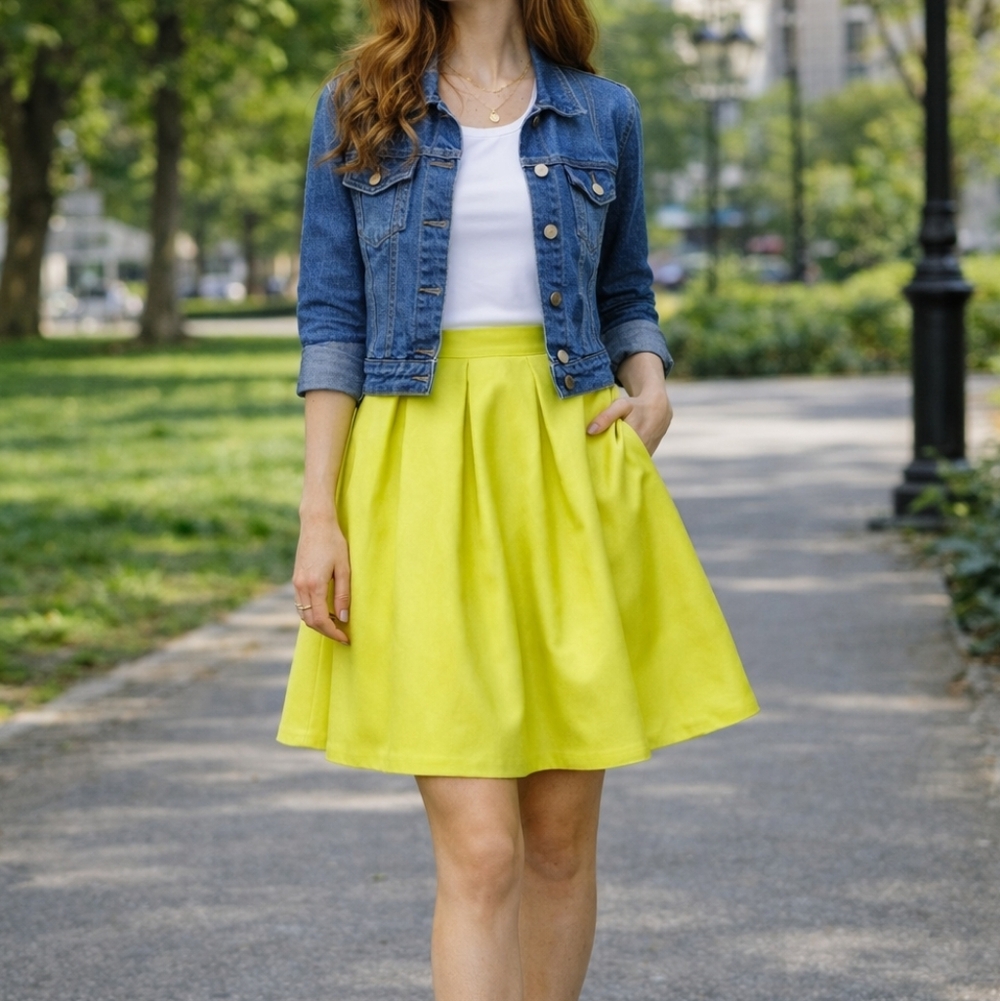 Face N Face Lime Green Women's High Waisted A-Line Pleated Full Midi Skirt